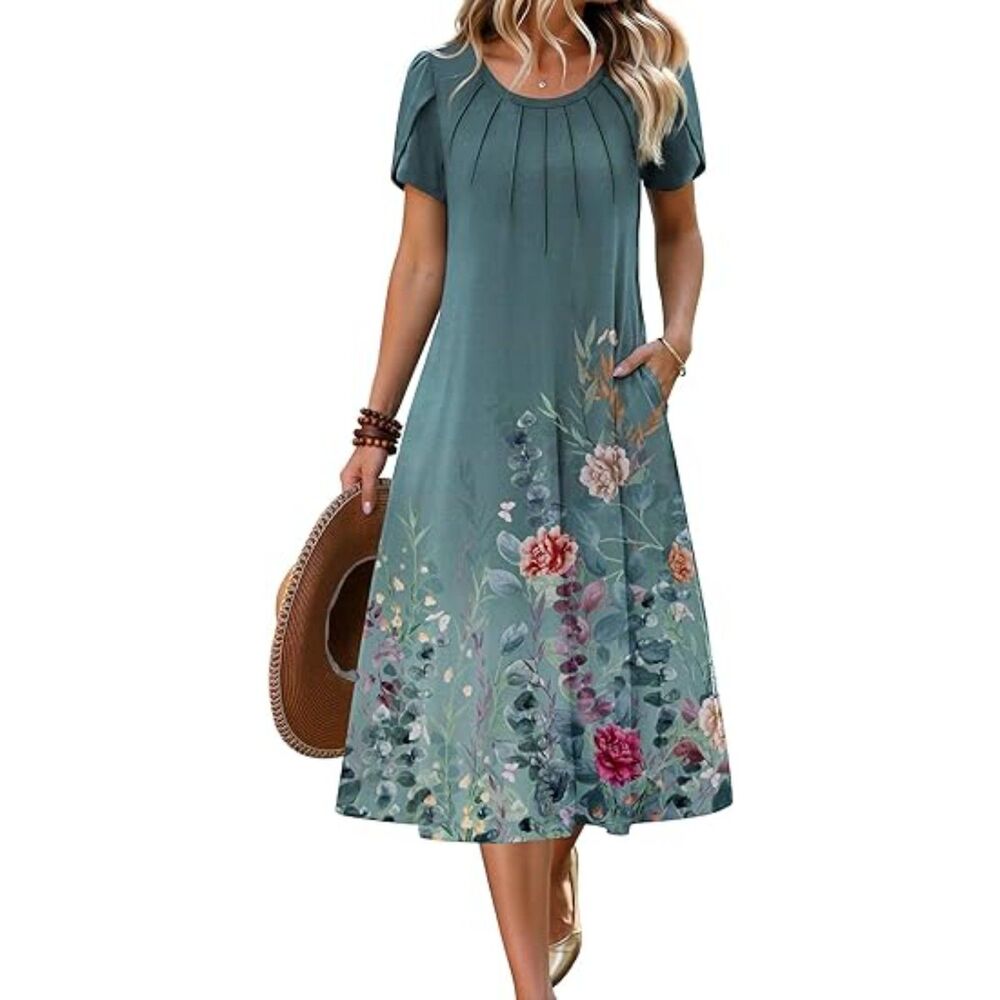 Women Blue Green Floral Blend Crew Neck A Line Short Sleeve Flowy Boho Sundress